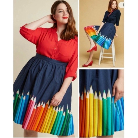 ModCloth Medium Fervour Colored Pencil Skirt Midi Retro Novelty Teacher Rainbow - Picture 3 of 12